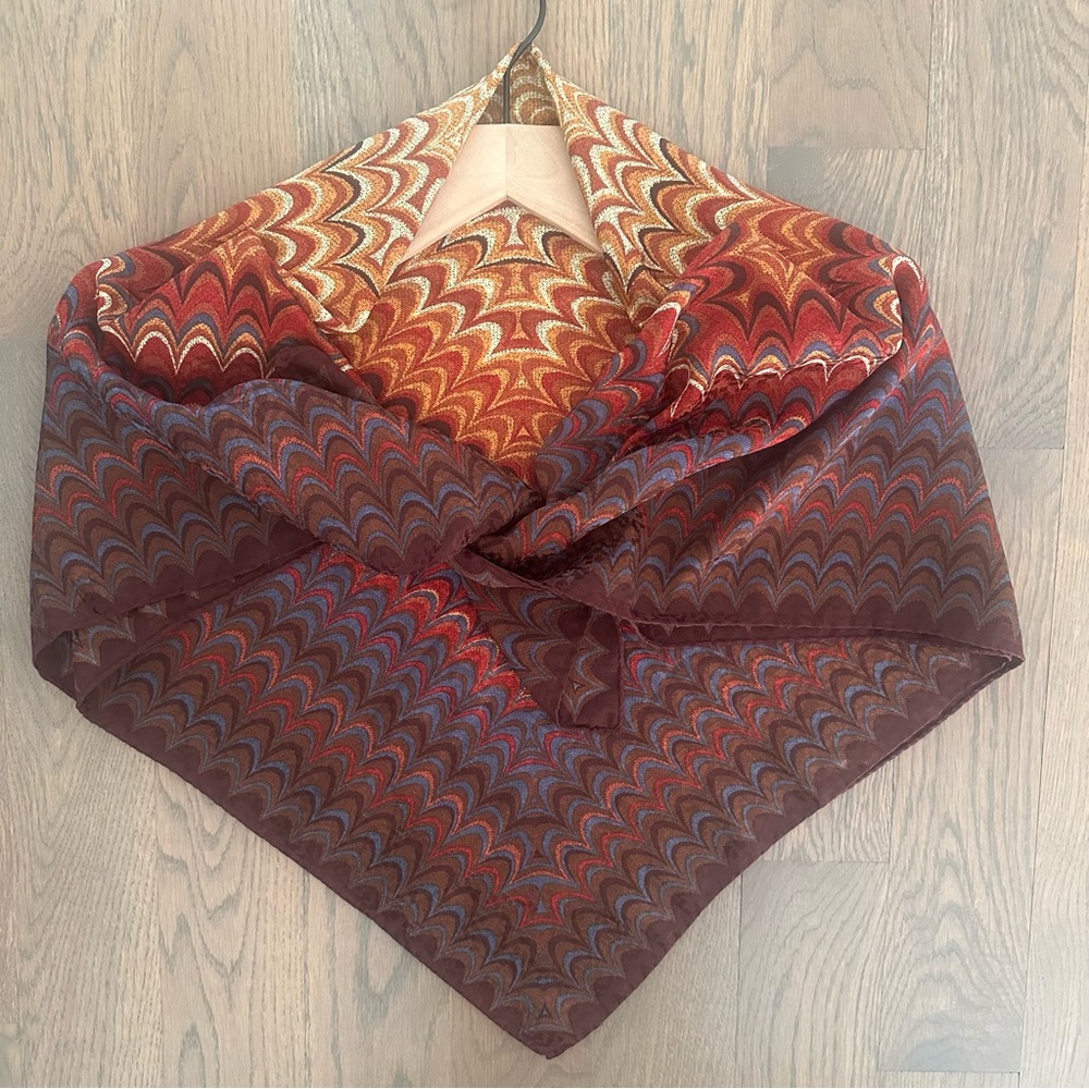 Vintage Missoni Marbled Silk Scarf in Red, Rust, Blue, Brown, Cream 33.5" Square